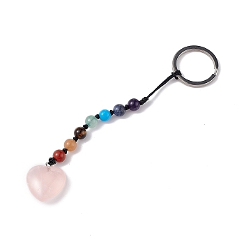 7 Chakra Gemstone Beads Keychain, Natural Rose Quartz Heart Charm Keychain for Women Men Hanging Car Bag Charms, 13cm