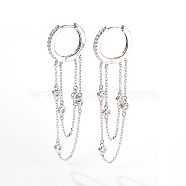 Rhodium Plated 925 Sterling Silver Micro Pave Cubic Zirconia Hoop Earrings, Chains Tassel Earrings, Platinum, 55mm(RF6914)