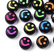Opaque Craft Acrylic Beads, Flat Round with Smiling Face, Mixed Color, 7x4mm, Hole: 1.6mm, about 3830pcs/500g(MACR-T009-14)