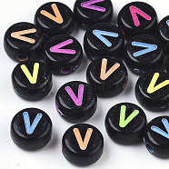 Opaque Black Acrylic Beads, Horizontal Hole, Flat Round with Mixed Color Letter, Letter.V, 7x4mm, Hole: 1.6mm, about 3600pcs/500g(MACR-N008-17V)
