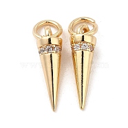 Rack Plating Brass Micro Pave Cubic Zirconia Charms, Long-Lasting Plated, Cadmium Free & Lead Free, with Jump Ring, Cone/Spike Charm, Real 14K Gold Plated, 15x4mm, Hole: 3.5mm(KK-E081-17G)