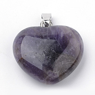 Natural Amethyst Pendants, with Alloy Findings, Heart, Platinum, 27~29x28x11mm, Hole: 3.5x5mm(G-S219-18D)