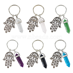 6Pcs 6 Style Alloy Hamsa Hand/Hand of Miriam Pendant Keychain, with Natural & Synthetic Gemstone Bullet/Hexagon Prism Pendant, 4x1.3cm, 1pc/style(AJEW-DC0001-35)