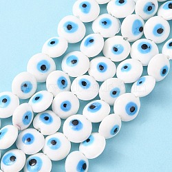 Flat Round Evil Eye Lampwork Bead Strands, White, 15~16x8~9mm, Hole: 2mm, about 24pcs/strand, 13.7 inch(LAMP-R118-07)