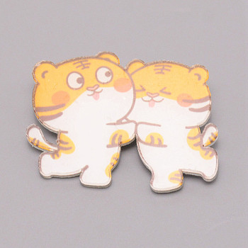 Double Tiger Chinese Zodiac Acrylic Brooch, Lapel Pin for Chinese Tiger New Year Gift, White, Orange, 31.5x41.5x7mm