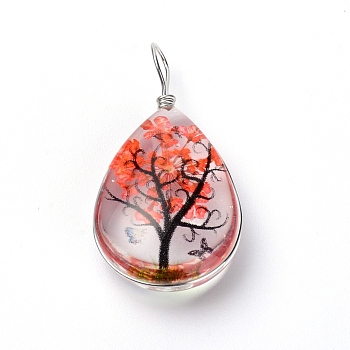 Transparent Glass Pendants, with Dride Flower inside and Zinc Alloy Finding, Teardrop, Platinum, Red, 35.5x18x9mm, Hole: 3.5x4.5mm
