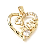 Brass Micro Pave Clear Cubic Zirconia Pendants, Heart with Word MOM Charms, Rack Plating, Long-Lasting Plated, Cadmium Free & Lead Free, Golden, 18x18x2mm, Hole: 4x3mm(KK-C263-24A-G)