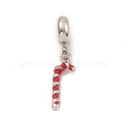 Alloy Enamel European Dangle Charms, Large Hole Pendants, Christmas Candy Cane, Antique Silver, 27.5mm, Hole: 4.5mm, Candy Cane: 17.5x6x2mm(PALLOY-I218-34AS)