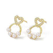 Clear Cubic Zirconia Hollow Out Heart with Bear Claw Print Stud Earrings with Plastic Pearl Beaded, Rack Plating Brass Jewelry for Women, Cadmium Free & Lead Free, Real 18K Gold Plated, 15x10.5mm, Pin: 0.7mm(EJEW-I277-18G)