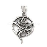 304 Stainless Steel Pendants, Antique Silver, Flat Round with Snake Charm, Star, 40.5x26x4mm, Hole: 8x5mm(STAS-M336-02E-AS)