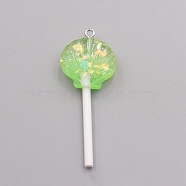 Resin Pendants, with Platinum Tone Iron Loop and Paillette/Sequins, Plastic Handle, Shell Lollipop, Light Green, 50x20x10mm(RESI-WH0025-12D)