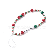 Christmas Glass Beaded Mobile Straps, with Natural Dyed Mashan Jade & Synthetic Malachite Beads, Nylon Thread Mobile Accessories Decoration, Word Merry, Colorful, 19cm(HJEW-TA00009)