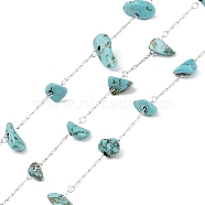 Handmade Natural Turquoise Chip Beads Chain, with 304 Stainless Steel Paperclip Chains, Soldered, with Spool, Stainless Steel Color, 5.5~10x2.5~5x2~3mm(CHS-H028-06A-04)