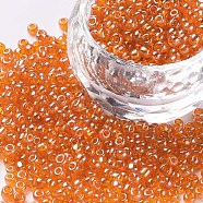 Glass Seed Beads, Trans. Colours Lustered, Round, Orange, 3mm, Hole: 1mm, about 1111pcs/50g, 50g/bag, 18bags/2pounds(SEED-US0003-3mm-109)