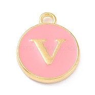 Golden Plated Alloy Enamel Charms, Enamelled Sequins, Flat Round with Alphabet, Letter.V, Pink, 14x12x2mm, Hole: 1.5mm(X-ENAM-Q437-14V)