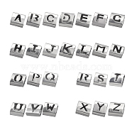 Letter Style 304 Stainless Steel Square Slide Charms, Square, Letters, Stainless Steel Color, 9x8x4mm, Hole: 8x3mm, 26 Letters, 1pc/letter, 26pcs/box(STAS-UN0008-46P)