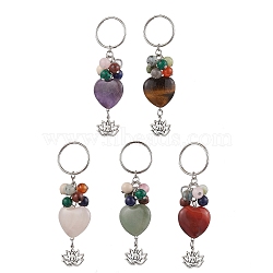 Natural & Synthetic Gemstone Keychain, with 304 Stainless Steel Rings, Lotus, Heart, 93.5mm(KEYC-JKC01155)