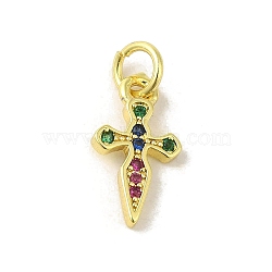 Brass Micro Pave Cubic Zirconia Charms, Real 18K Gold Plated, Cross Charms, Colorful, 14x7.5x1.5mm, Hole: 3mm(KK-M283-20A-02)