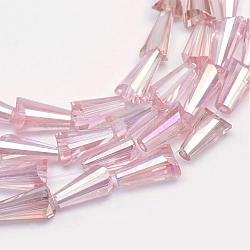 AB-Color Plated Transparent Glass Bead Strands, Cone, Pearl Pink, 8x4mm, Hole: 1mm, about 72pcs/strand, 22 inch(GLAA-R170-4x8-04B)