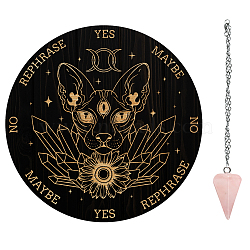 AHADEMAKER 1Pc Cone/Spike/Pendulum Natural Rose Quartz Stone Pendants, 1Pc 304 Stainless Steel Cable Chain Necklaces, 1Pc PVC Custom Pendulum Board, Dowsing Divination Board, Cat Pattern, Board: 200x4mm(DIY-GA0004-32F)