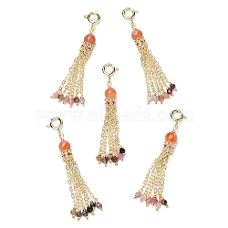 Natural Red Agate Round Tassel Pendant Decoration, Brass Chain Fringe Tourmaline Tassel Ornament, with Lobster Claw Clasps, Real 14K Gold Plated, 45mm(G-K341-05G)