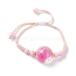 Handmade Dry Pressed Flower Link Bracelet for Girl Women, Babysbreath Glass Cover Beads Adjustable Bracelet, Fuchsia, Inner Diameter: 5/8~ 3-1/8 inch(1.5~7.9cm)(BJEW-C004-01I)
