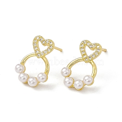 Clear Cubic Zirconia Hollow Out Heart with Bear Claw Print Stud Earrings with Plastic Pearl Beaded, Rack Plating Brass Jewelry for Women, Cadmium Free & Lead Free, Real 18K Gold Plated, 15x10.5mm, Pin: 0.7mm(EJEW-I277-18G)