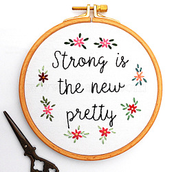 DIY Word Strong Is The New Pretty Embroidery Painting Kits, Including Printed Cotton Fabric, Embroidery Thread & Needles, Round Embroidery Hoop, Flower Pattern, 150x150mm(LETT-PW0002-74I)