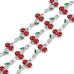 304 Stainless Steel Enamel Cherry Link Chains, with Spool, Soldered, Stainless Steel Color, FireBrick, 13x7.5x2.5mm(CHS-M007-01P-04)