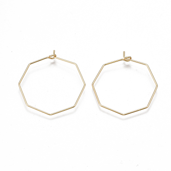 Brass Hoop Earring Findings, Wine Glass Charms Findings, Octagon, Real 18K Gold Plated, 50x48x0.8mm, Pin: 0.8mm