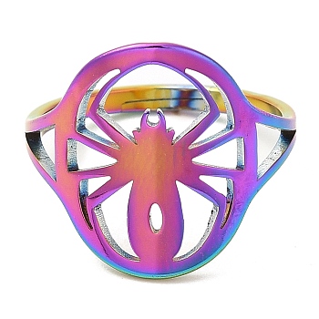 Ion Plating(IP) 304 Stainless Steel Hollow Spider Adjustable Ring for Women, Rainbow Color, Inner Diameter: 16.2mm