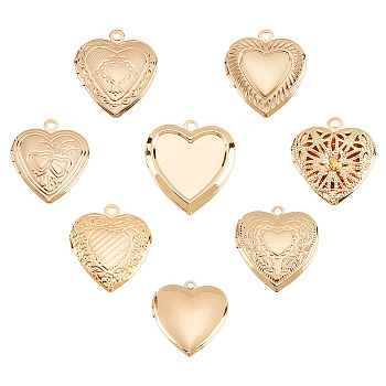 PandaHall Elite 8Pcs 8 Style Iron Locket Pendants, Photo Frame Charms for Necklaces, Heart, Golden, 22.5~24.5x19.5~22x5.5~6mm, Hole: 1.8mm, Inner Diameter: 13.5~16x14~16mm, 1pc/style