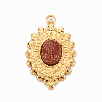 304 Stainless Steel Pendants, with Goldstone, Oval, Sienna, 23.5x15x4~5mm, Hole: 1.8mm