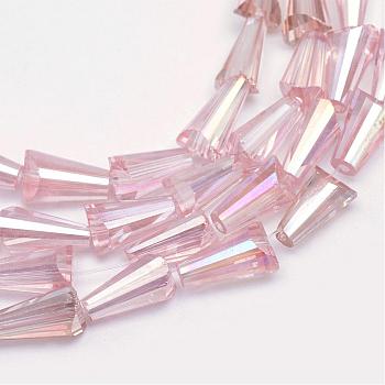 AB-Color Plated Transparent Glass Bead Strands, Cone, Pearl Pink, 8x4mm, Hole: 1mm, about 72pcs/strand, 22 inch