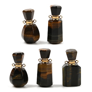 Natural Tiger Eye Perfume Bottle Pendants, with Golden Tone Stainless Steel Findings, Mixed Shapes, 32~37x15~22x12~16mm, Hole: 1.8mm, Capacity: 5ml(0.17fl. oz)