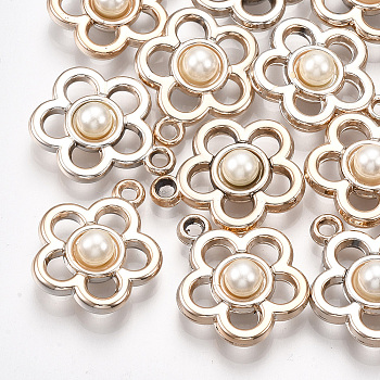 UV Plating Acrylic Pendants, with ABS Plastic Imitation Pearl, Flower, Light Gold, Creamy White, 28.5x24x9mm, Hole: 2.5mm