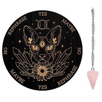 AHADEMAKER 1Pc Cone/Spike/Pendulum Natural Rose Quartz Stone Pendants, 1Pc 304 Stainless Steel Cable Chain Necklaces, 1Pc PVC Custom Pendulum Board, Dowsing Divination Board, Cat Pattern, Board: 200x4mm