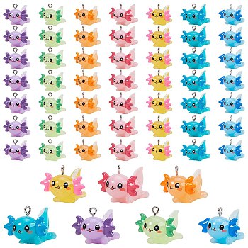 56Pcs 7 Colors Opaque Resin Pendants, Dragon Charm, with Stainless Steel Color Plated 304 Stainless Steel Loops, Mixed Color, 18.5x23x25mm, Hole: 1.8mm, 8pcs/color