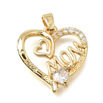 Brass Micro Pave Clear Cubic Zirconia Pendants, Heart with Word MOM Charms, Rack Plating, Long-Lasting Plated, Cadmium Free & Lead Free, Golden, 18x18x2mm, Hole: 4x3mm