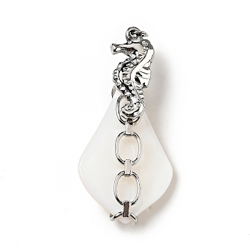 Natural White Shell Pendants, Teardrop Charm, with Stainless Steel Color Plated 304 Stainless Steel Sea Horse Findings and Jump Ring, White, 35~41x18~20x8~10mm, Jump Ring: 4x0.7mm, Inner Diameter: 2.6mm