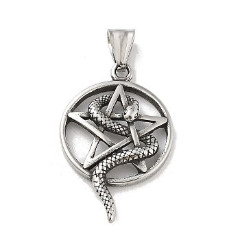 304 Stainless Steel Pendants, Antique Silver, Flat Round with Snake Charm, Star, 40.5x26x4mm, Hole: 8x5mm