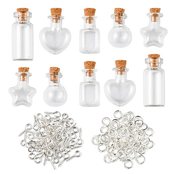 10Pcs 5 Styles Glass Wishing Bottle, with Cork Plugs, Mixed Shapes, Clear, 1.25~1.6x1.6~2.05x2.5~3.5cm, 2pcs/style