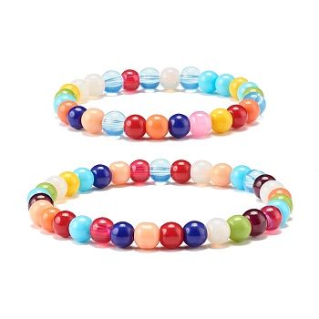 Candy Color Round Glass Beads Stretch Bracelets Set for Children and Parent, Cute Couple Bracelets, Colorful, Beads: 6mm, Inner Diameter: 2-1/8 inch(5.3cm), Inner Diameter: 1.73 inch(4.4mcm), 2pcs/set