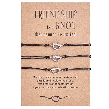 3Pcs 3 Style 430 Stainless Steel Knot Heart Link Bracelets Set, Match Adjustable Bracelets for Best Friends Couple Family, Stainless Steel Color, 7-1/8~11-3/4 inch(18~30cm), 1Pc/style