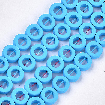 Spray Painted Non-magnetic Synthetic Hematite Beads Strands, Bead Frame, Donut, Deep Sky Blue, 8.5x3mm, Hole: 0.8mm, Inner Diameter: 4.5mm, about 47~48pcs/strand, 15.7 inch
