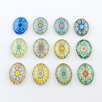 Kaleidoscope Flower Pattern Glass Oval Flatback Cabochons for DIY Projects, Mixed Color, 18x13x4mm