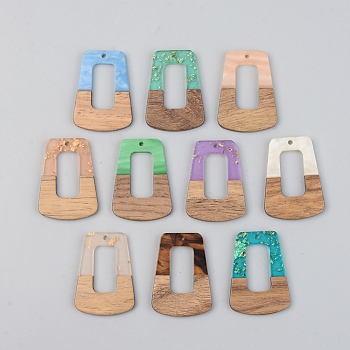 Resin & Walnut Wood Pendants, Trapezoid, Mixed Color, 37.5x27x3mm, Hole: 2mm