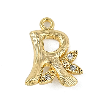 Brass Crystal Rhinestone Letter Links Connector Charms, Real 18K Gold Plated, Letter R, 15x12x4mm, Hole: 1.2mm and 1.5mm