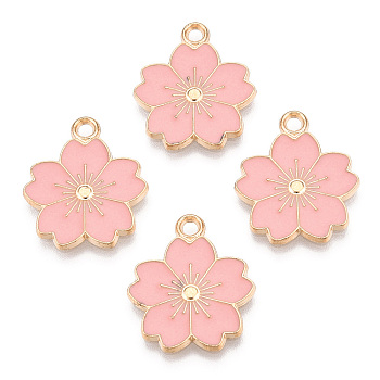 Alloy Enamel Pendants, Sakura Flower, Light Gold, Pink, 20.5x17.5x1.5mm, Hole: 2mm