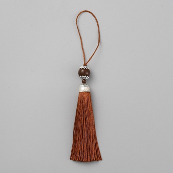 Polyester Tassel Big Pendants Decorations, with Acrylic Beaded and Platinum Alloy Findings, Sienna, 188mm